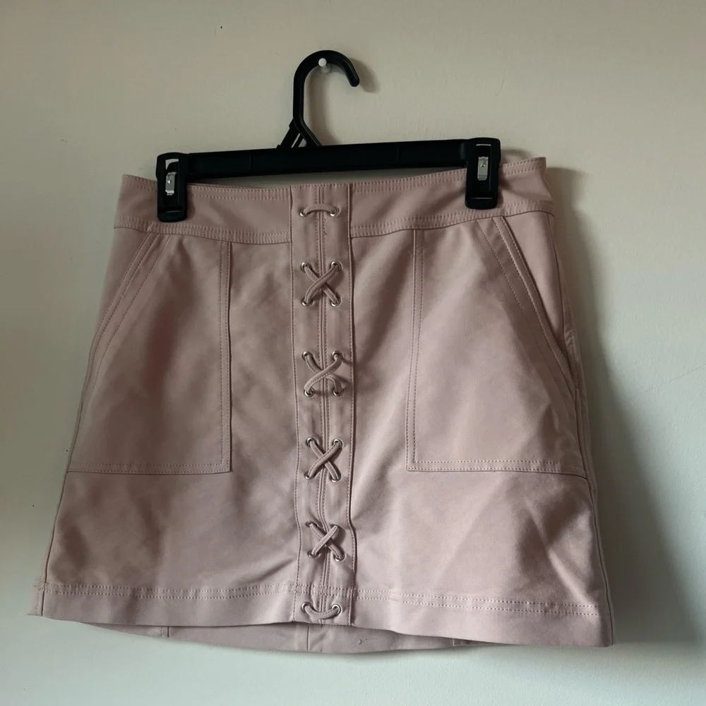 Express Blush Pink Faux Mini Skirt with Lace-Up Front – Size 6